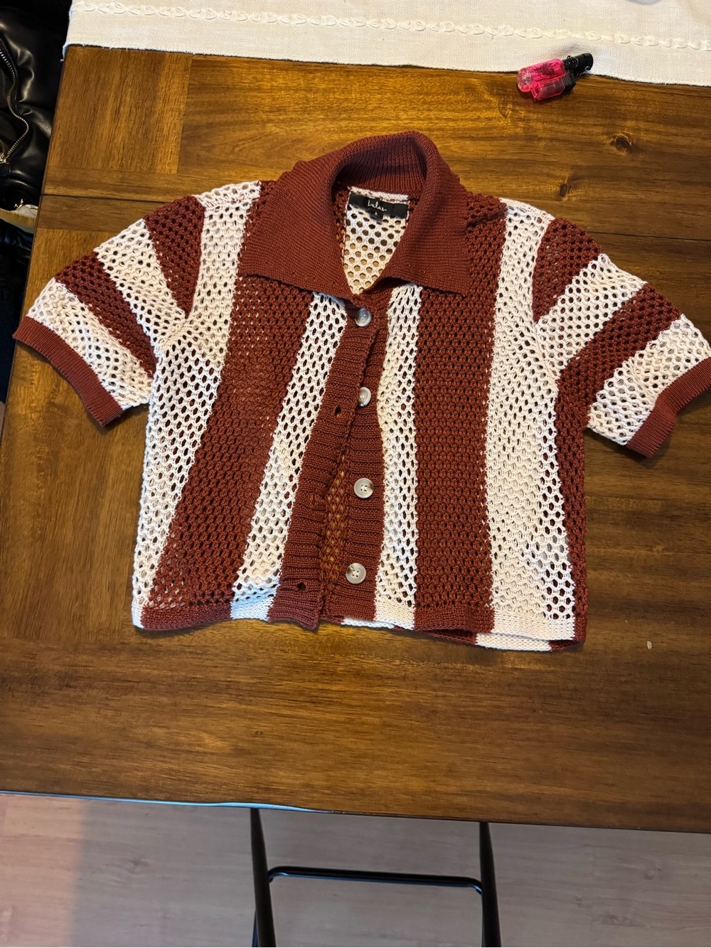 Lulu's Crochet Button-Up Short Sleeve Top in Rust & Cream